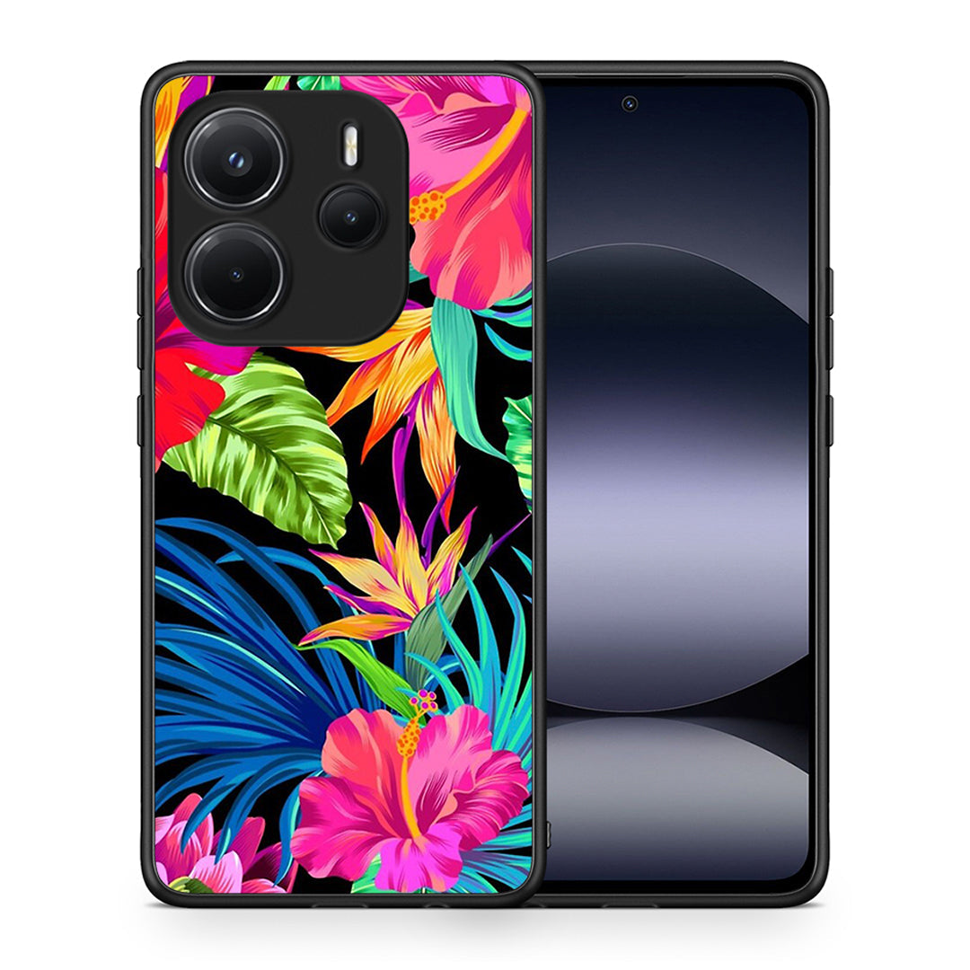 Θήκη Xiaomi Redmi Note 14 4G Tropical Flowers από τη Smartfits με σχέδιο στο πίσω μέρος και μαύρο περίβλημα | Xiaomi Redmi Note 14 4G Tropical Flowers case with colorful back and black bezels