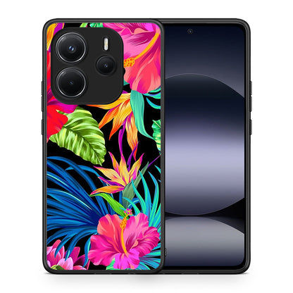 Θήκη Xiaomi Redmi Note 14 4G Tropical Flowers από τη Smartfits με σχέδιο στο πίσω μέρος και μαύρο περίβλημα | Xiaomi Redmi Note 14 4G Tropical Flowers case with colorful back and black bezels