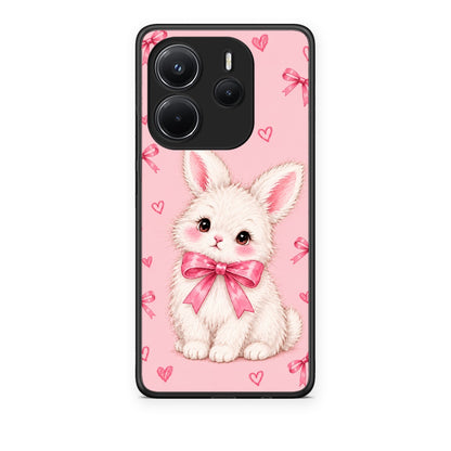 Θήκη Xiaomi Redmi Note 14 4G White Bunny and Pink Bows από τη Smartfits με σχέδιο στο πίσω μέρος και μαύρο περίβλημα | Xiaomi Redmi Note 14 4G White Bunny and Pink Bows case with colorful back and black bezels
