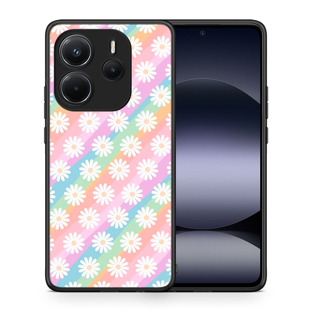 Θήκη Xiaomi Redmi Note 14 4G White Daisies από τη Smartfits με σχέδιο στο πίσω μέρος και μαύρο περίβλημα | Xiaomi Redmi Note 14 4G White Daisies case with colorful back and black bezels