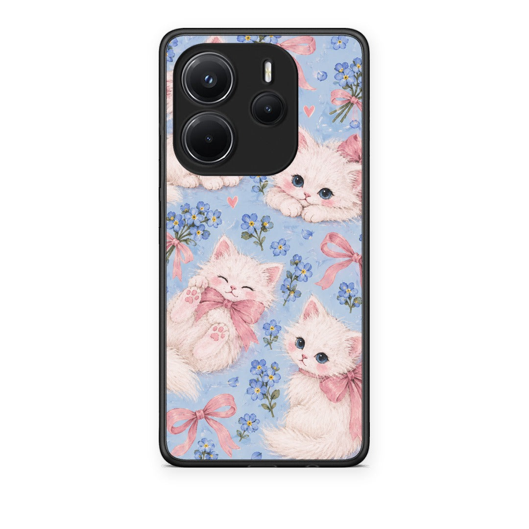 Θήκη Xiaomi Redmi Note 14 4G White Kittens and Blue Flowers Large από τη Smartfits με σχέδιο στο πίσω μέρος και μαύρο περίβλημα | Xiaomi Redmi Note 14 4G White Kittens and Blue Flowers Large case with colorful back and black bezels
