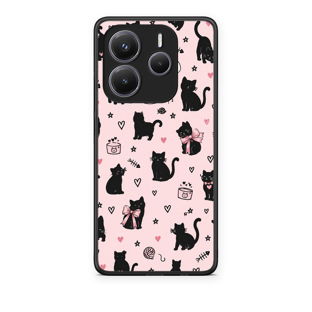 Θήκη Xiaomi Redmi Note 14 5G Black Cat Doodles on Pink από τη Smartfits με σχέδιο στο πίσω μέρος και μαύρο περίβλημα | Xiaomi Redmi Note 14 5G Black Cat Doodles on Pink case with colorful back and black bezels