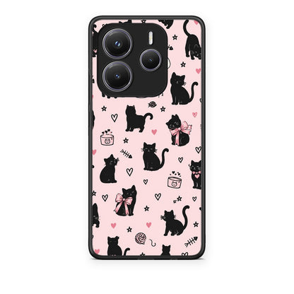 Θήκη Xiaomi Redmi Note 14 5G Black Cat Doodles on Pink από τη Smartfits με σχέδιο στο πίσω μέρος και μαύρο περίβλημα | Xiaomi Redmi Note 14 5G Black Cat Doodles on Pink case with colorful back and black bezels