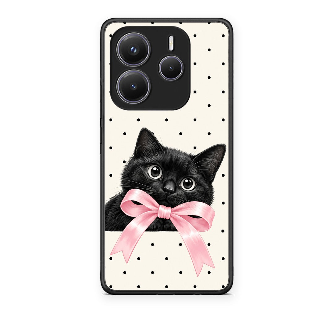 Θήκη Xiaomi Redmi Note 14 5G Black Kitten Pink Bow and Polka Dots από τη Smartfits με σχέδιο στο πίσω μέρος και μαύρο περίβλημα | Xiaomi Redmi Note 14 5G Black Kitten Pink Bow and Polka Dots case with colorful back and black bezels
