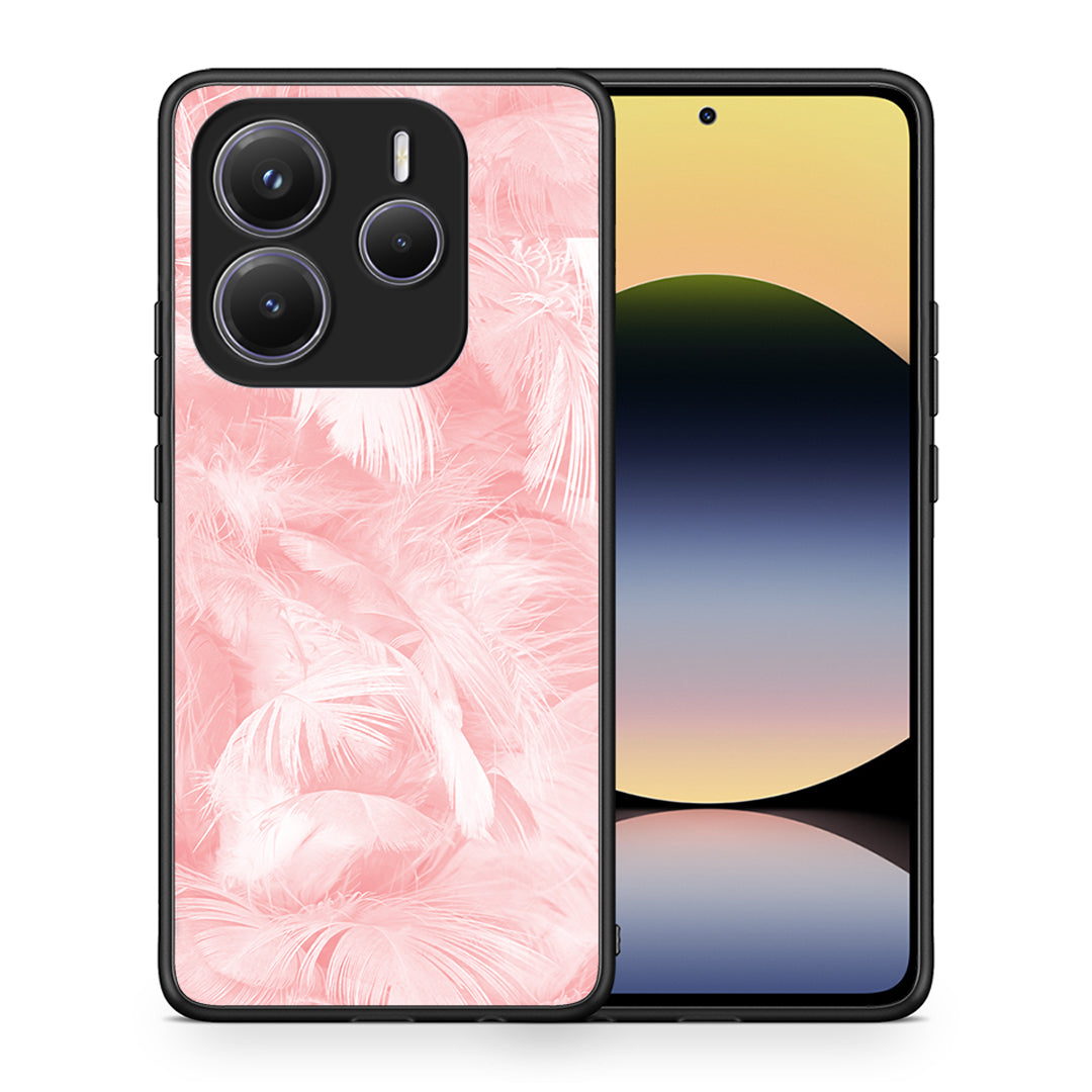 Θήκη Xiaomi Redmi Note 14 5G Pink Feather Boho από τη Smartfits με σχέδιο στο πίσω μέρος και μαύρο περίβλημα | Xiaomi Redmi Note 14 5G Pink Feather Boho case with colorful back and black bezels