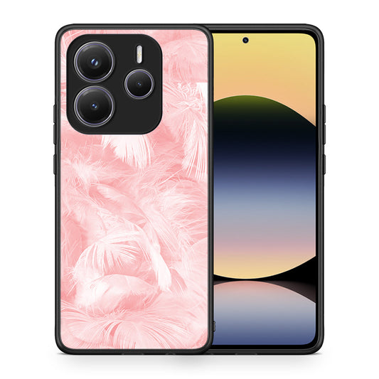 Θήκη Xiaomi Redmi Note 14 5G Pink Feather Boho από τη Smartfits με σχέδιο στο πίσω μέρος και μαύρο περίβλημα | Xiaomi Redmi Note 14 5G Pink Feather Boho case with colorful back and black bezels