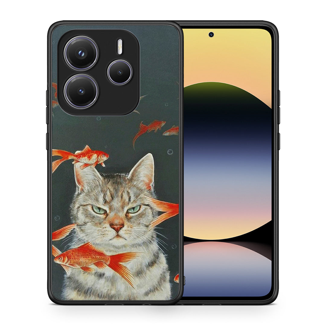 Θήκη Xiaomi Redmi Note 14 5G Cat Goldfish από τη Smartfits με σχέδιο στο πίσω μέρος και μαύρο περίβλημα | Xiaomi Redmi Note 14 5G Cat Goldfish case with colorful back and black bezels