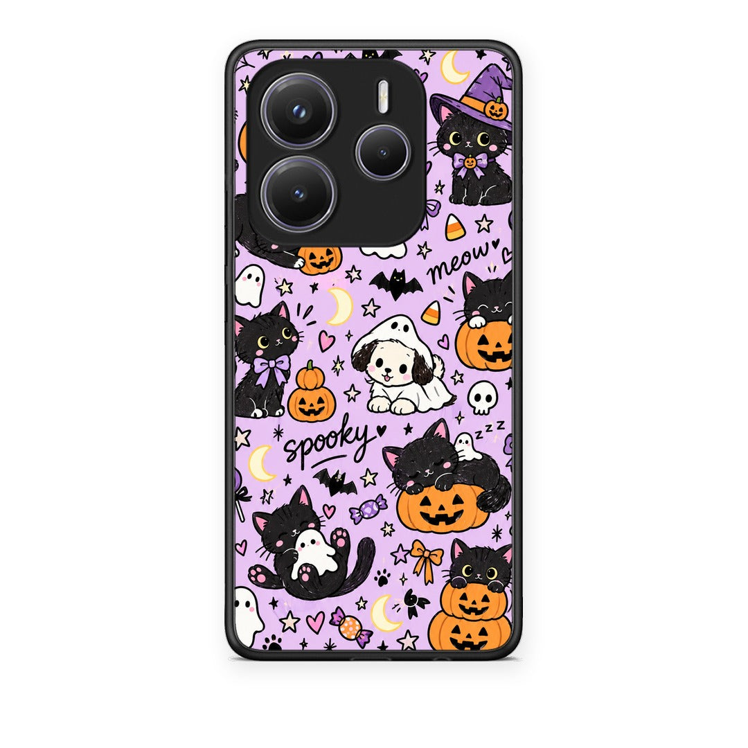 Θήκη Xiaomi Redmi Note 14 5G Halloween Black Cats on Lilac από τη Smartfits με σχέδιο στο πίσω μέρος και μαύρο περίβλημα | Xiaomi Redmi Note 14 5G Halloween Black Cats on Lilac case with colorful back and black bezels