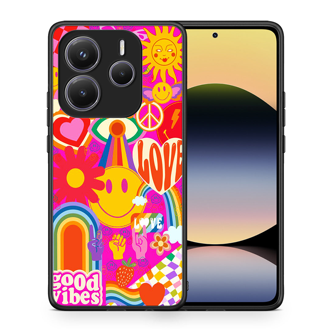 Θήκη Xiaomi Redmi Note 14 5G Hippie Love από τη Smartfits με σχέδιο στο πίσω μέρος και μαύρο περίβλημα | Xiaomi Redmi Note 14 5G Hippie Love case with colorful back and black bezels