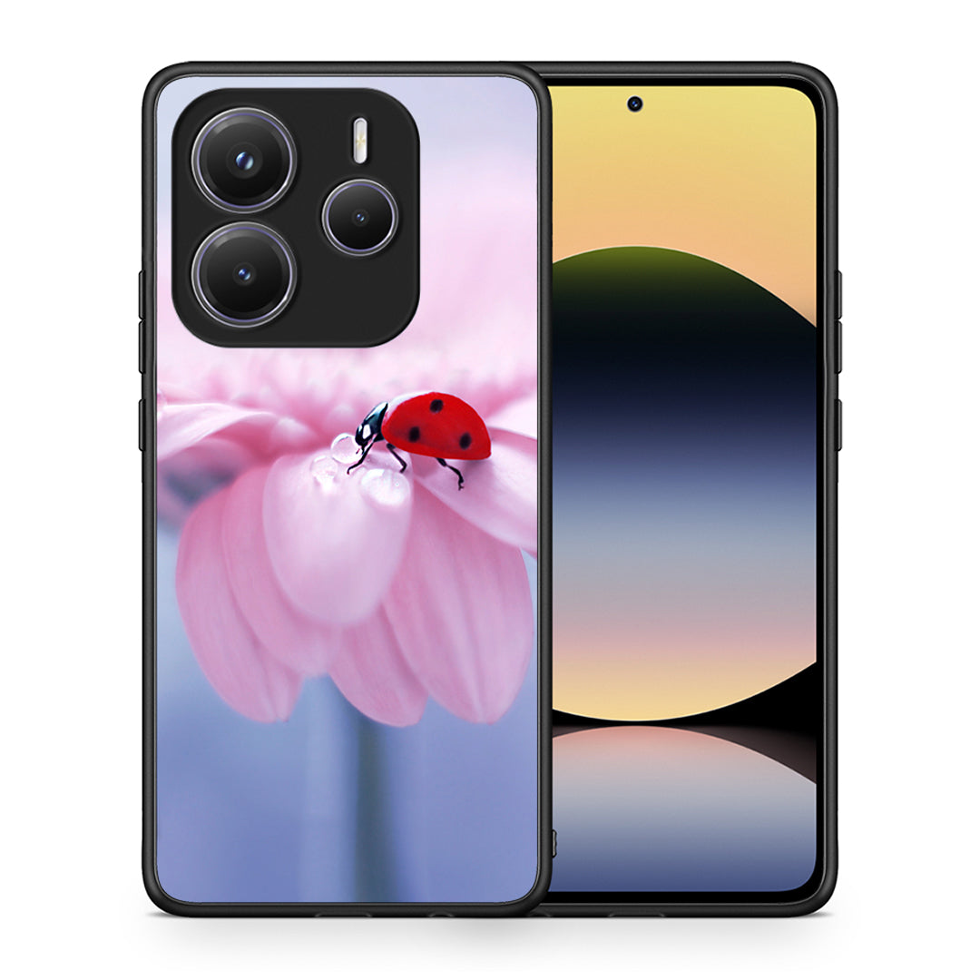 Θήκη Xiaomi Redmi Note 14 5G Ladybug Flower από τη Smartfits με σχέδιο στο πίσω μέρος και μαύρο περίβλημα | Xiaomi Redmi Note 14 5G Ladybug Flower case with colorful back and black bezels