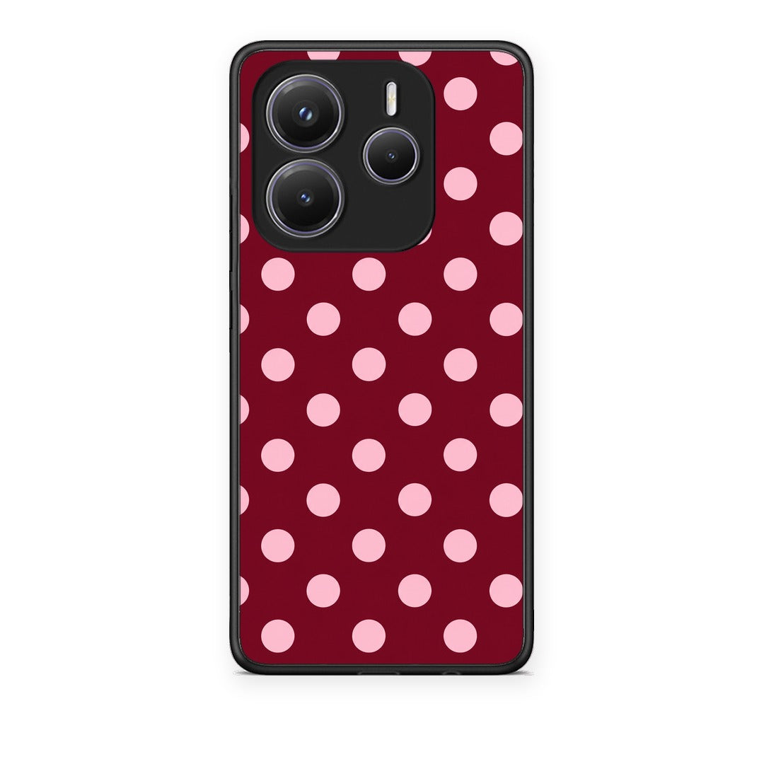Θήκη Xiaomi Redmi Note 14 5G Pink Polka Dots on Burgundy από τη Smartfits με σχέδιο στο πίσω μέρος και μαύρο περίβλημα | Xiaomi Redmi Note 14 5G Pink Polka Dots on Burgundy case with colorful back and black bezels