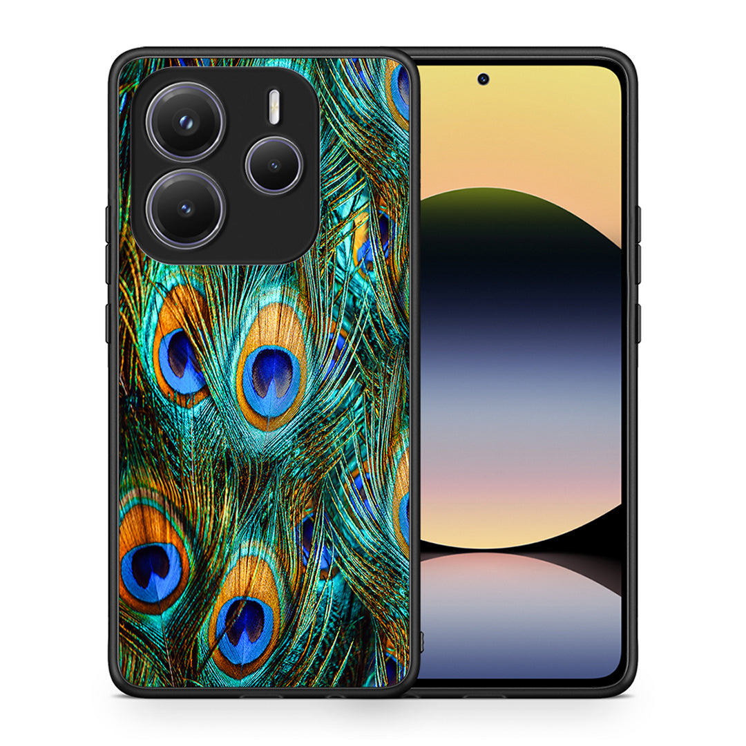 Θήκη Xiaomi Redmi Note 14 5G Real Peacock Feathers από τη Smartfits με σχέδιο στο πίσω μέρος και μαύρο περίβλημα | Xiaomi Redmi Note 14 5G Real Peacock Feathers case with colorful back and black bezels