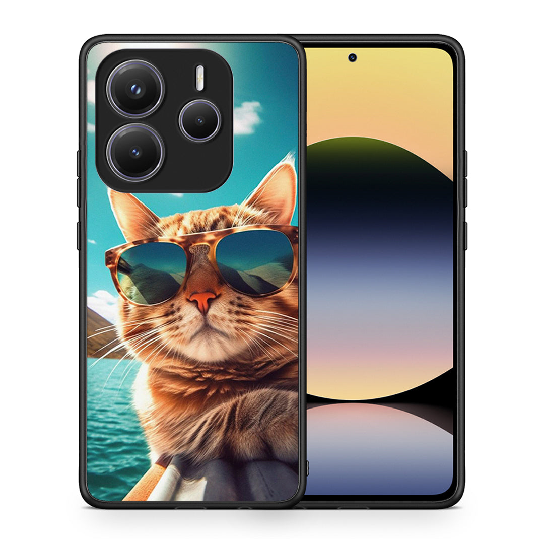Θήκη Xiaomi Redmi Note 14 5G Summer Cat από τη Smartfits με σχέδιο στο πίσω μέρος και μαύρο περίβλημα | Xiaomi Redmi Note 14 5G Summer Cat case with colorful back and black bezels