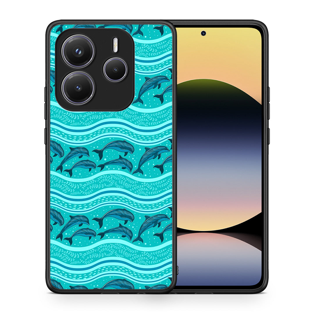 Θήκη Xiaomi Redmi Note 14 5G Swimming Dolphins από τη Smartfits με σχέδιο στο πίσω μέρος και μαύρο περίβλημα | Xiaomi Redmi Note 14 5G Swimming Dolphins case with colorful back and black bezels