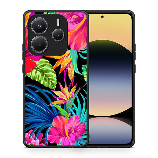 Θήκη Xiaomi Redmi Note 14 5G Tropical Flowers από τη Smartfits με σχέδιο στο πίσω μέρος και μαύρο περίβλημα | Xiaomi Redmi Note 14 5G Tropical Flowers case with colorful back and black bezels