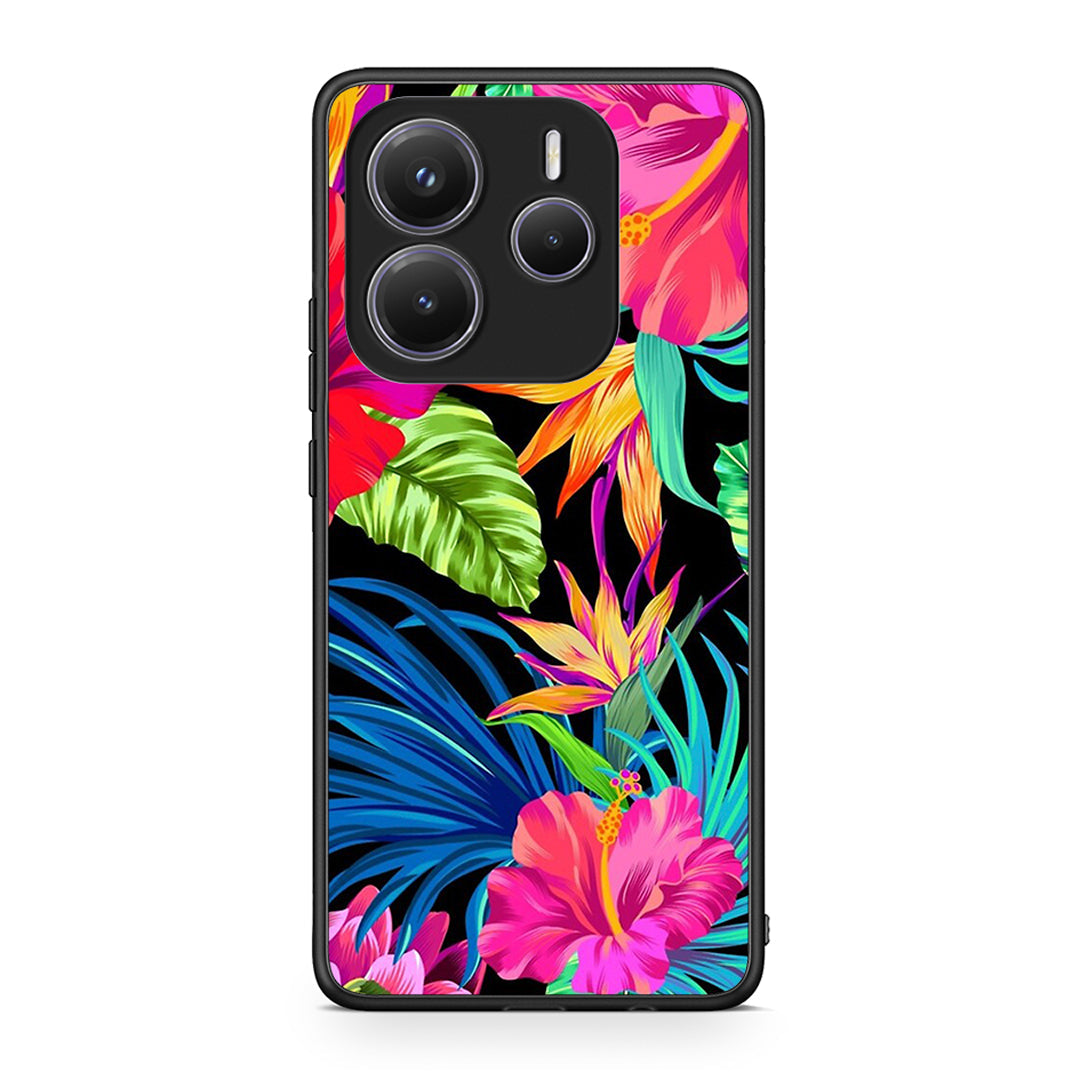 Xiaomi Redmi Note 14 5G Tropical Flowers θήκη από τη Smartfits με σχέδιο στο πίσω μέρος και μαύρο περίβλημα | Smartphone case with colorful back and black bezels by Smartfits