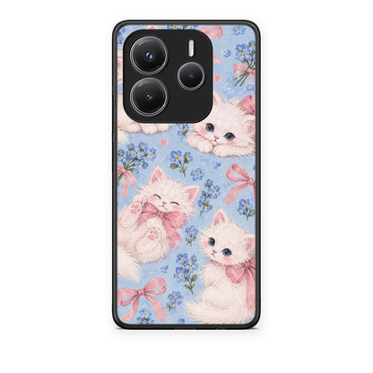 Θήκη Xiaomi Redmi Note 14 5G White Kittens and Blue Flowers Large από τη Smartfits με σχέδιο στο πίσω μέρος και μαύρο περίβλημα | Xiaomi Redmi Note 14 5G White Kittens and Blue Flowers Large case with colorful back and black bezels