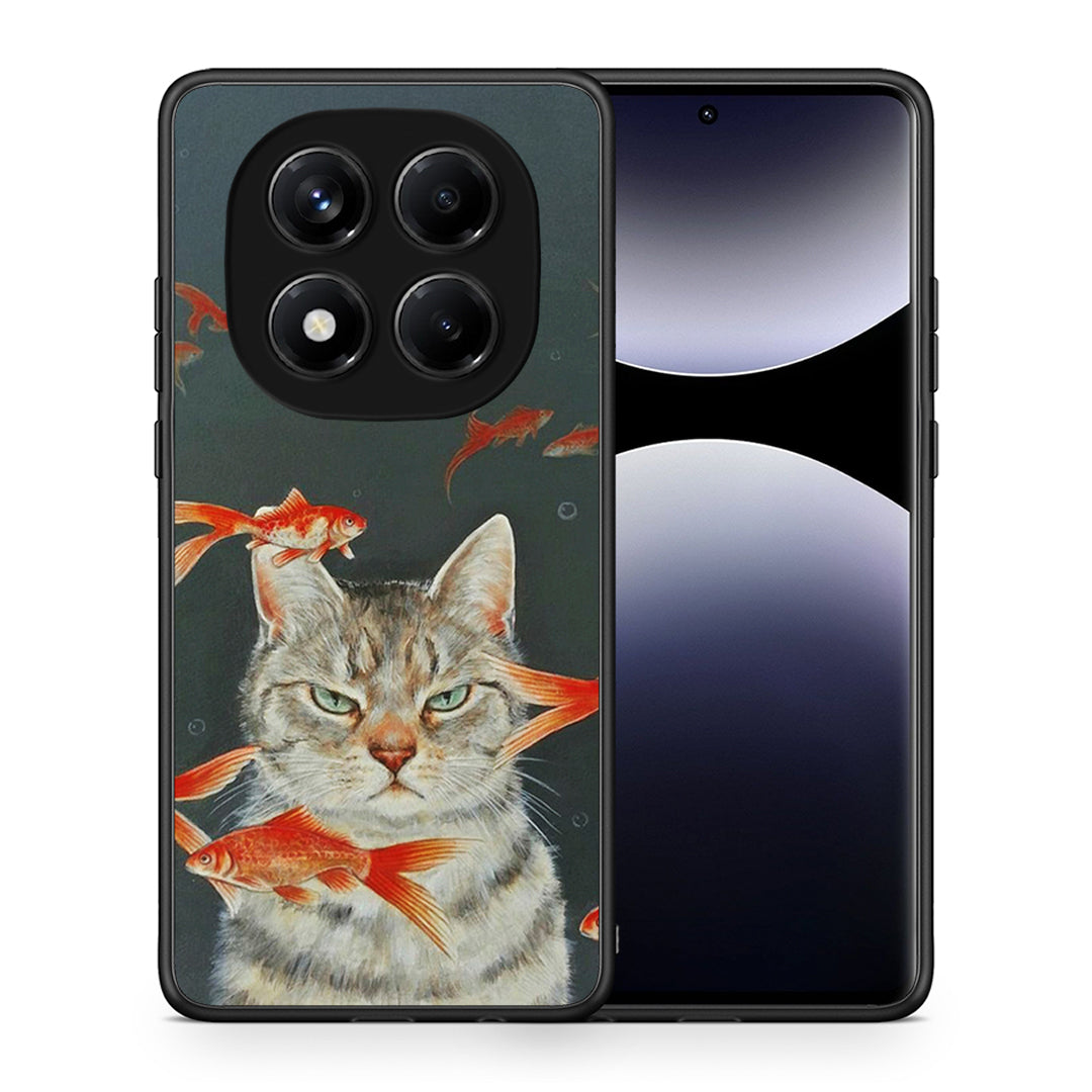 Θήκη Xiaomi Redmi Note 14 Pro 4G Cat Goldfish από τη Smartfits με σχέδιο στο πίσω μέρος και μαύρο περίβλημα | Xiaomi Redmi Note 14 Pro 4G Cat Goldfish case with colorful back and black bezels