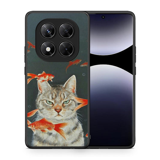 Θήκη Xiaomi Redmi Note 14 Pro 5G / Poco X7 Cat Goldfish από τη Smartfits με σχέδιο στο πίσω μέρος και μαύρο περίβλημα | Xiaomi Redmi Note 14 Pro 5G / Poco X7 Cat Goldfish case with colorful back and black bezels