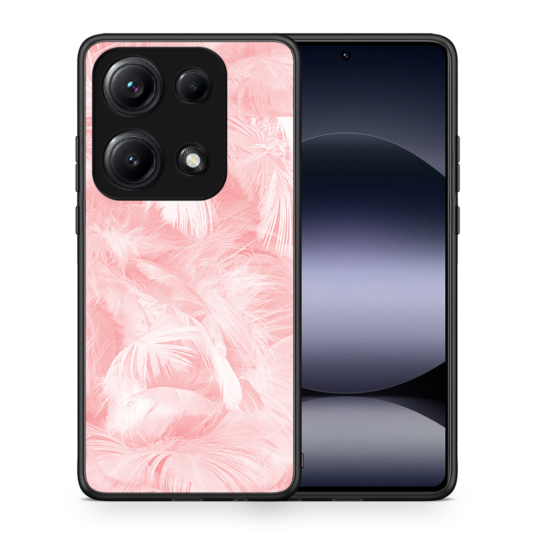 Θήκη Xiaomi Redmi Note 14S Pink Feather Boho από τη Smartfits με σχέδιο στο πίσω μέρος και μαύρο περίβλημα | Xiaomi Redmi Note 14S Pink Feather Boho case with colorful back and black bezels