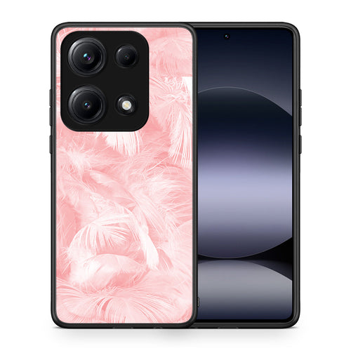 Θήκη Xiaomi Redmi Note 14S Pink Feather Boho από τη Smartfits με σχέδιο στο πίσω μέρος και μαύρο περίβλημα | Xiaomi Redmi Note 14S Pink Feather Boho case with colorful back and black bezels
