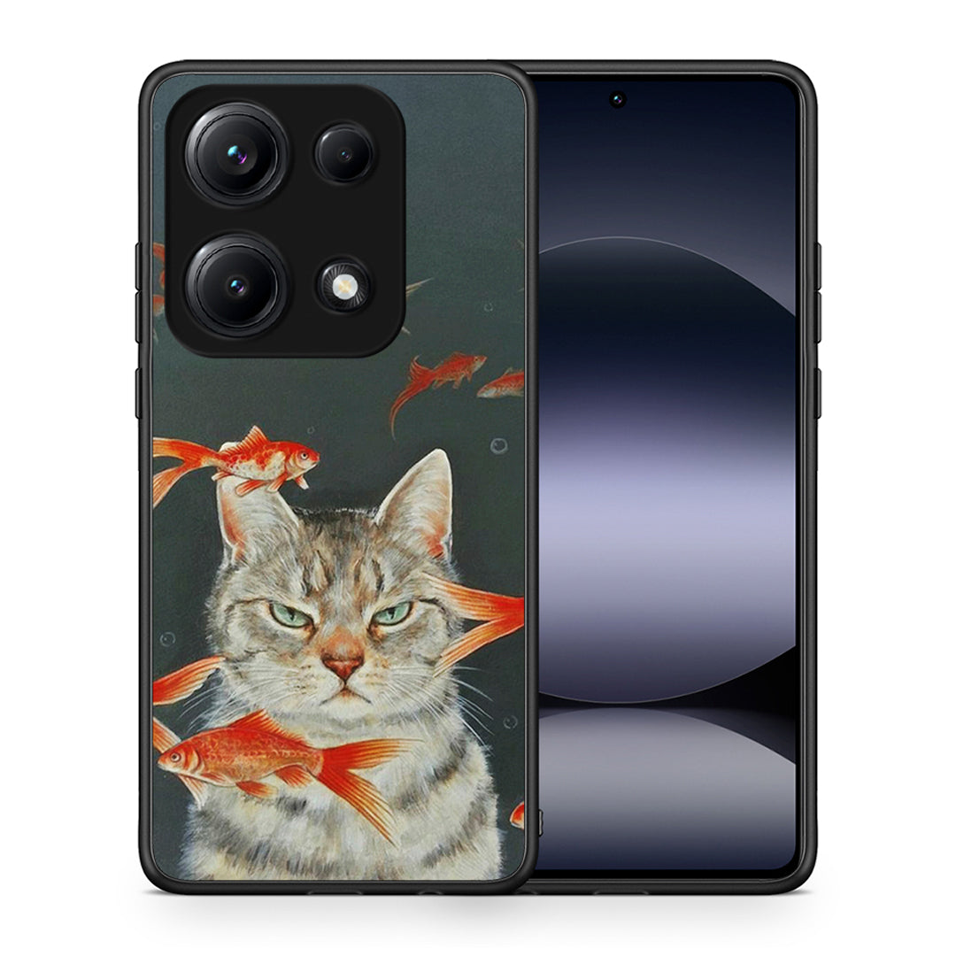 Θήκη Xiaomi Redmi Note 14S Cat Goldfish από τη Smartfits με σχέδιο στο πίσω μέρος και μαύρο περίβλημα | Xiaomi Redmi Note 14S Cat Goldfish case with colorful back and black bezels