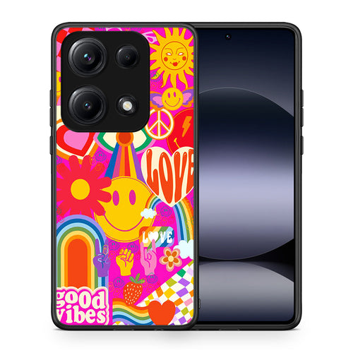 Θήκη Xiaomi Redmi Note 14S Hippie Love από τη Smartfits με σχέδιο στο πίσω μέρος και μαύρο περίβλημα | Xiaomi Redmi Note 14S Hippie Love case with colorful back and black bezels