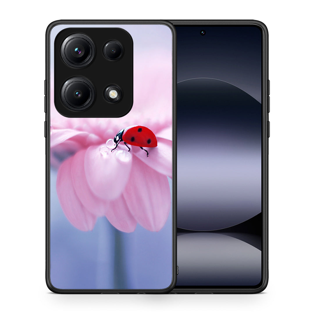 Θήκη Xiaomi Redmi Note 14S Ladybug Flower από τη Smartfits με σχέδιο στο πίσω μέρος και μαύρο περίβλημα | Xiaomi Redmi Note 14S Ladybug Flower case with colorful back and black bezels