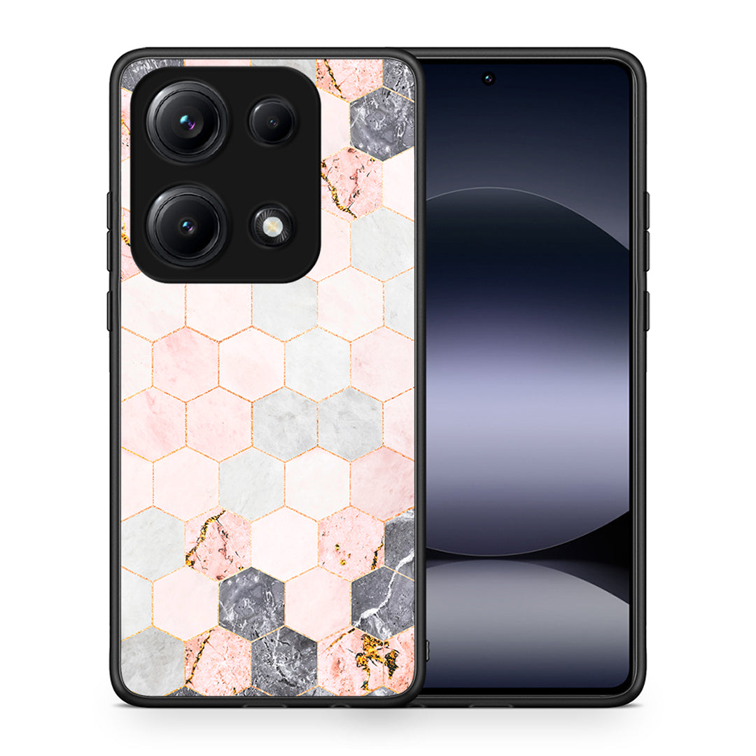 Θήκη Xiaomi Redmi Note 14S Hexagon Pink Marble από τη Smartfits με σχέδιο στο πίσω μέρος και μαύρο περίβλημα | Xiaomi Redmi Note 14S Hexagon Pink Marble case with colorful back and black bezels