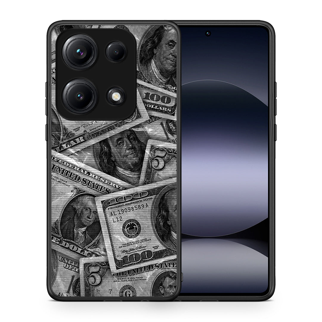 Θήκη Xiaomi Redmi Note 14S Money Dollars από τη Smartfits με σχέδιο στο πίσω μέρος και μαύρο περίβλημα | Xiaomi Redmi Note 14S Money Dollars case with colorful back and black bezels