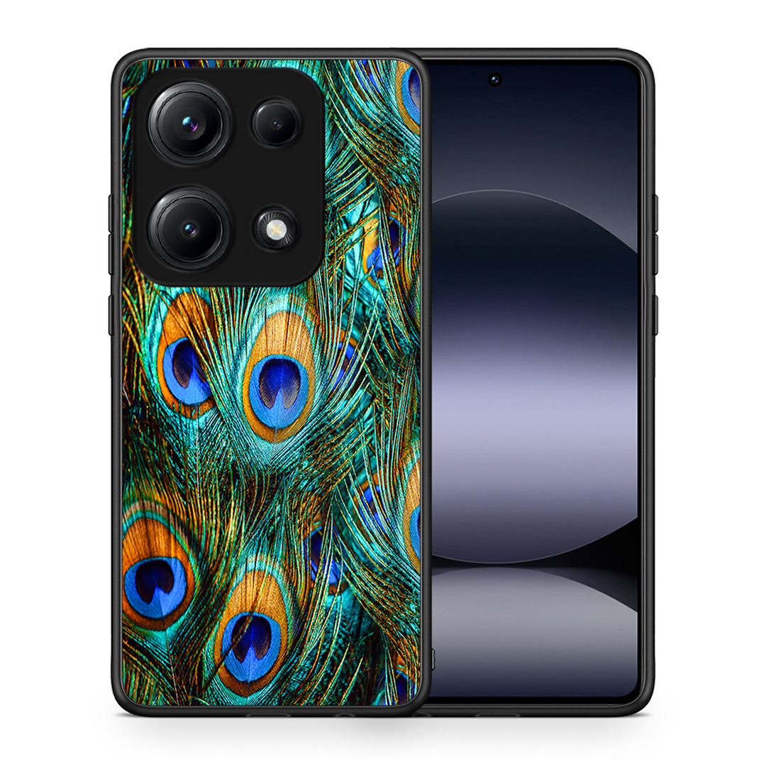Θήκη Xiaomi Redmi Note 14S Real Peacock Feathers από τη Smartfits με σχέδιο στο πίσω μέρος και μαύρο περίβλημα | Xiaomi Redmi Note 14S Real Peacock Feathers case with colorful back and black bezels