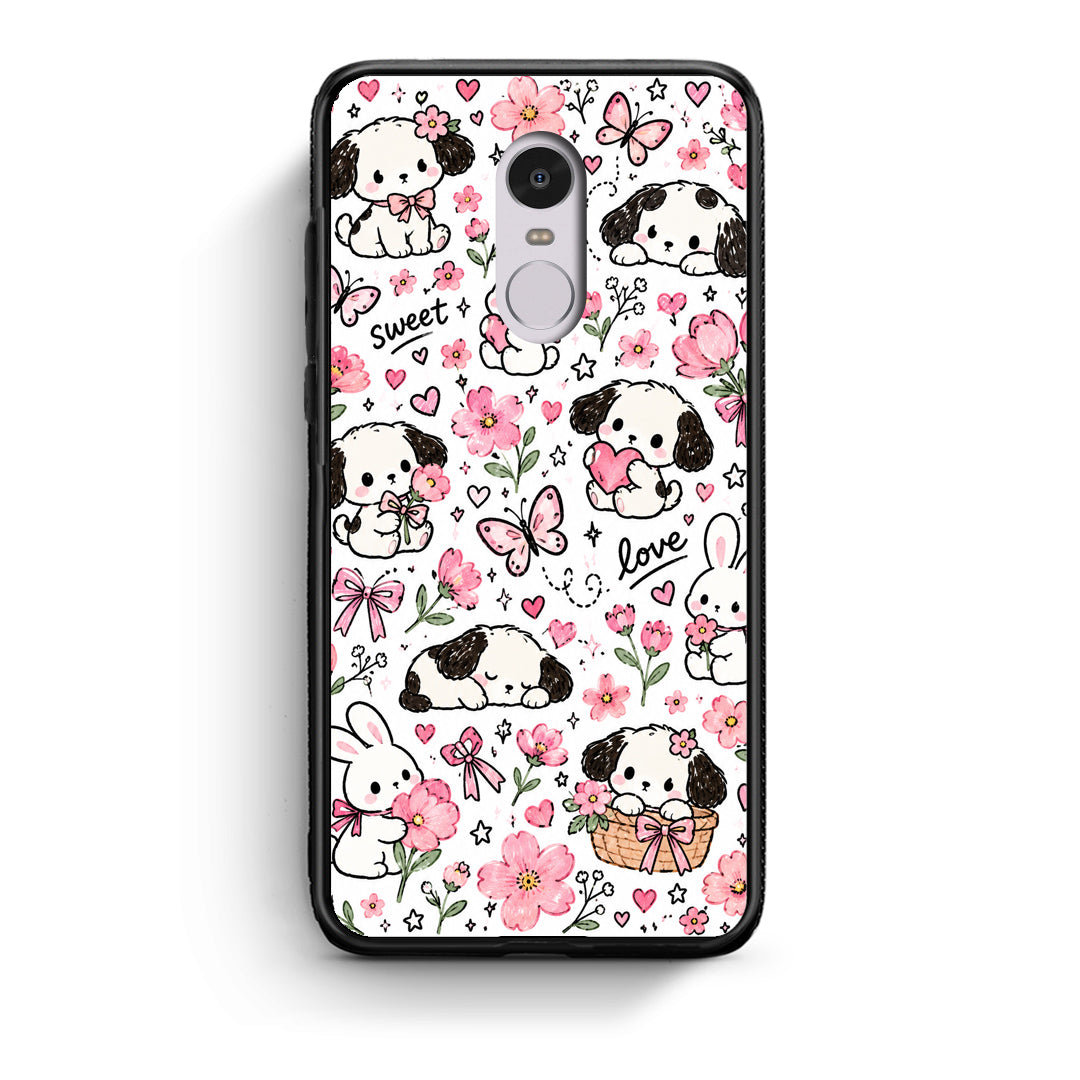 Θήκη Xiaomi Redmi Note 4 / 4X Pink Florals Puppies and Bunnies on White από τη Smartfits με σχέδιο στο πίσω μέρος και μαύρο περίβλημα | Xiaomi Redmi Note 4 / 4X Pink Florals Puppies and Bunnies on White case with colorful back and black bezels