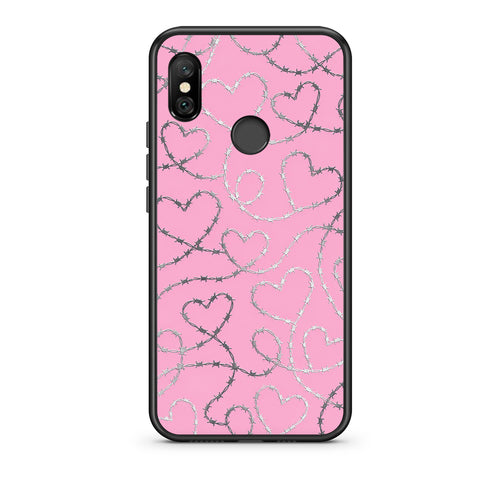 Θήκη Xiaomi Redmi Note 6 Pro Barbed Wire Hearts on Pink από τη Smartfits με σχέδιο στο πίσω μέρος και μαύρο περίβλημα | Xiaomi Redmi Note 6 Pro Barbed Wire Hearts on Pink case with colorful back and black bezels