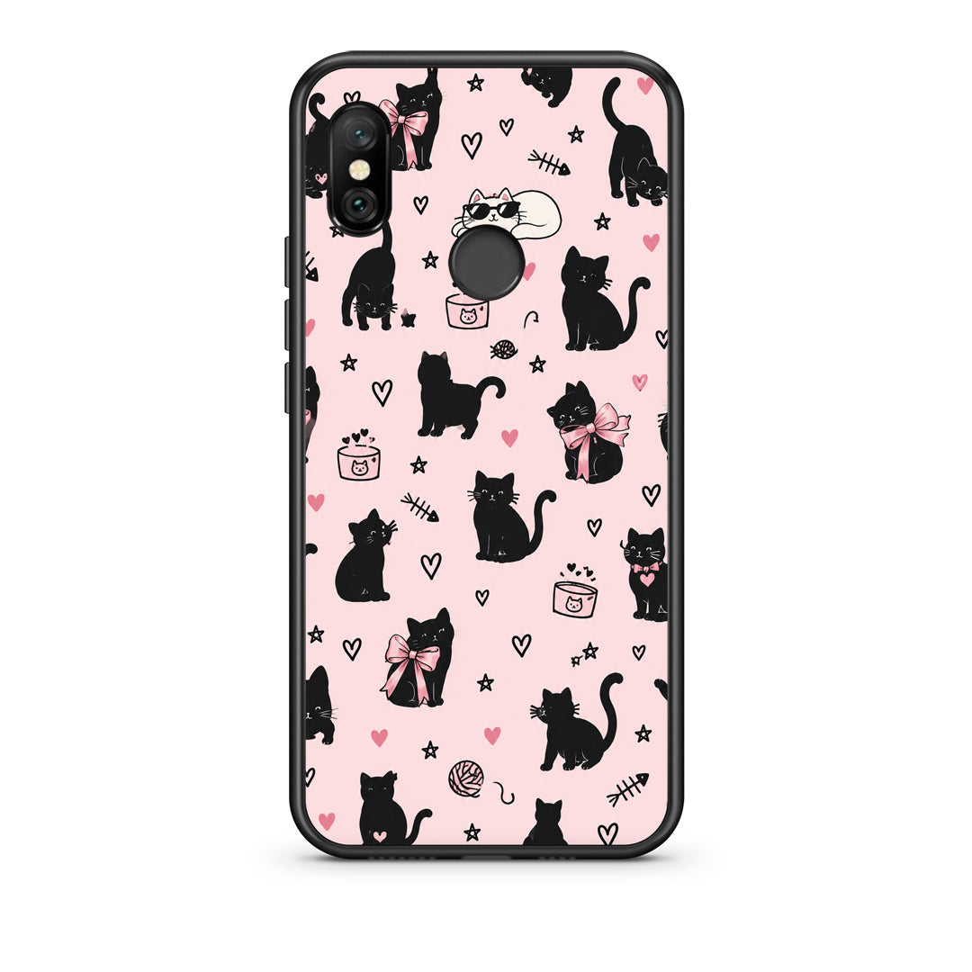 Θήκη Xiaomi Redmi Note 6 Pro Black Cat Doodles on Pink από τη Smartfits με σχέδιο στο πίσω μέρος και μαύρο περίβλημα | Xiaomi Redmi Note 6 Pro Black Cat Doodles on Pink case with colorful back and black bezels