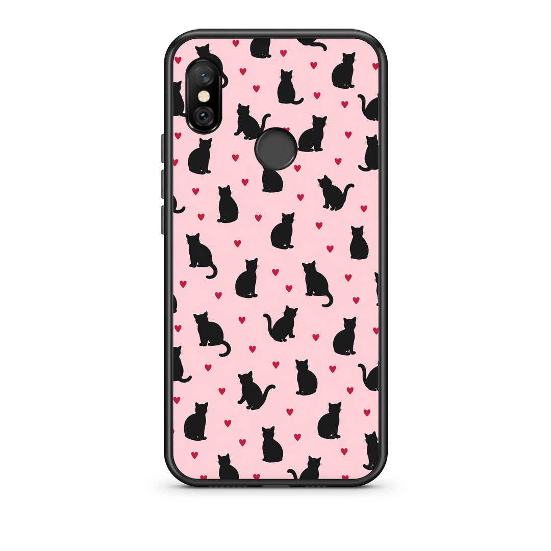 Θήκη Xiaomi Redmi Note 6 Pro Black Cat Silhouettes and Hearts on Pink από τη Smartfits με σχέδιο στο πίσω μέρος και μαύρο περίβλημα | Xiaomi Redmi Note 6 Pro Black Cat Silhouettes and Hearts on Pink case with colorful back and black bezels