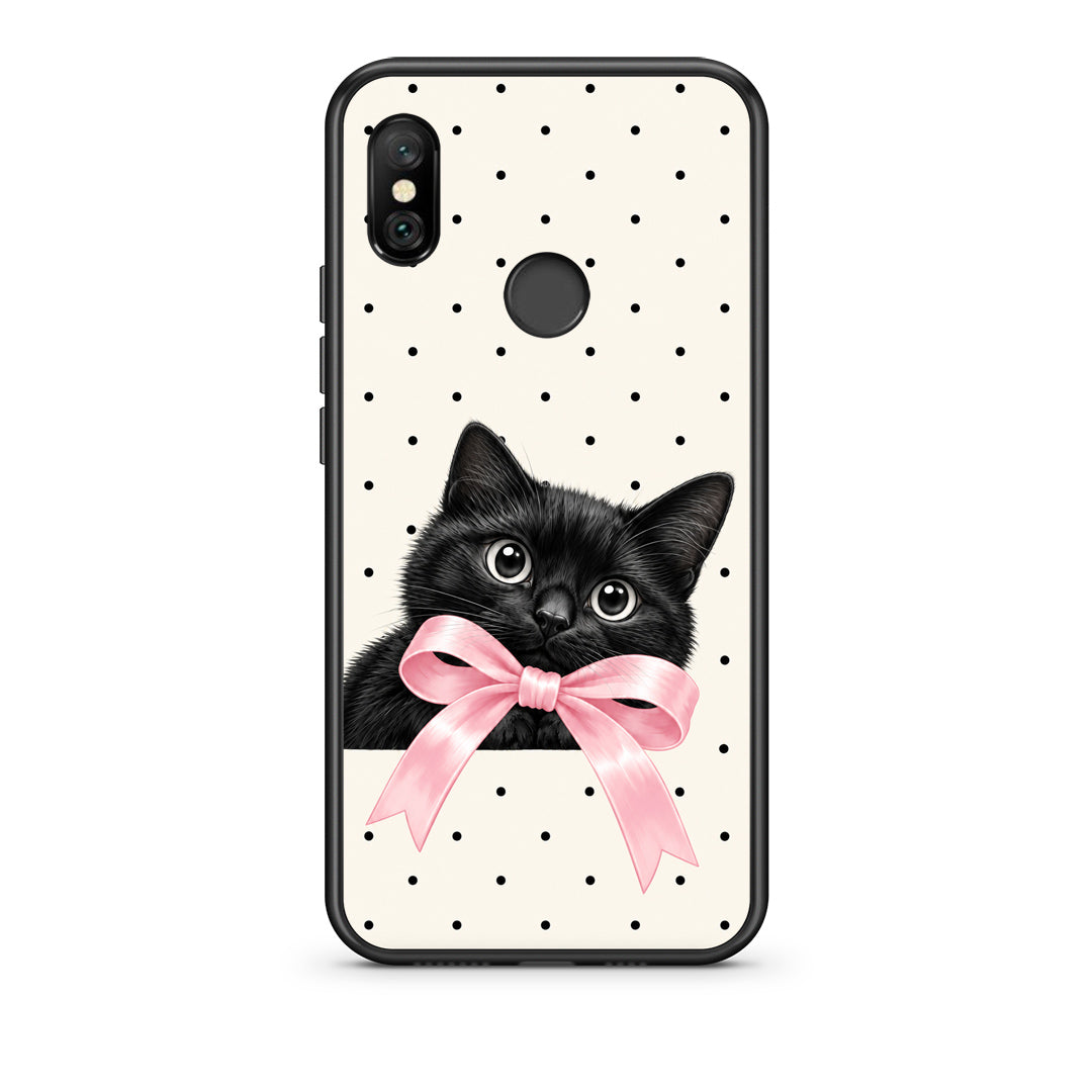 Θήκη Xiaomi Redmi Note 6 Pro Black Kitten Pink Bow and Polka Dots από τη Smartfits με σχέδιο στο πίσω μέρος και μαύρο περίβλημα | Xiaomi Redmi Note 6 Pro Black Kitten Pink Bow and Polka Dots case with colorful back and black bezels