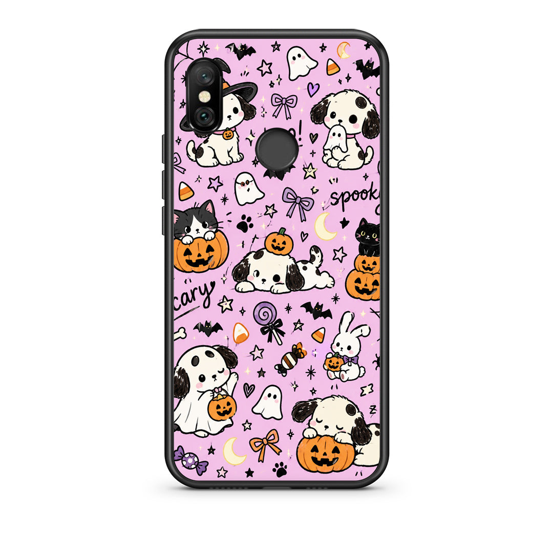 Θήκη Xiaomi Redmi Note 6 Pro Halloween Puppies and Friends on Lilac από τη Smartfits με σχέδιο στο πίσω μέρος και μαύρο περίβλημα | Xiaomi Redmi Note 6 Pro Halloween Puppies and Friends on Lilac case with colorful back and black bezels