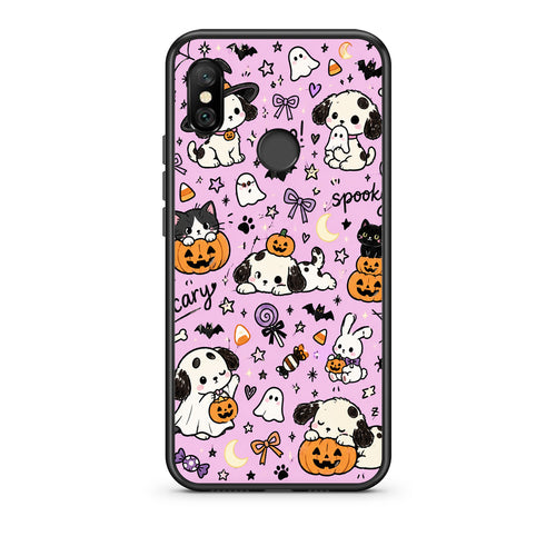 Θήκη Xiaomi Redmi Note 6 Pro Halloween Puppies and Friends on Lilac από τη Smartfits με σχέδιο στο πίσω μέρος και μαύρο περίβλημα | Xiaomi Redmi Note 6 Pro Halloween Puppies and Friends on Lilac case with colorful back and black bezels