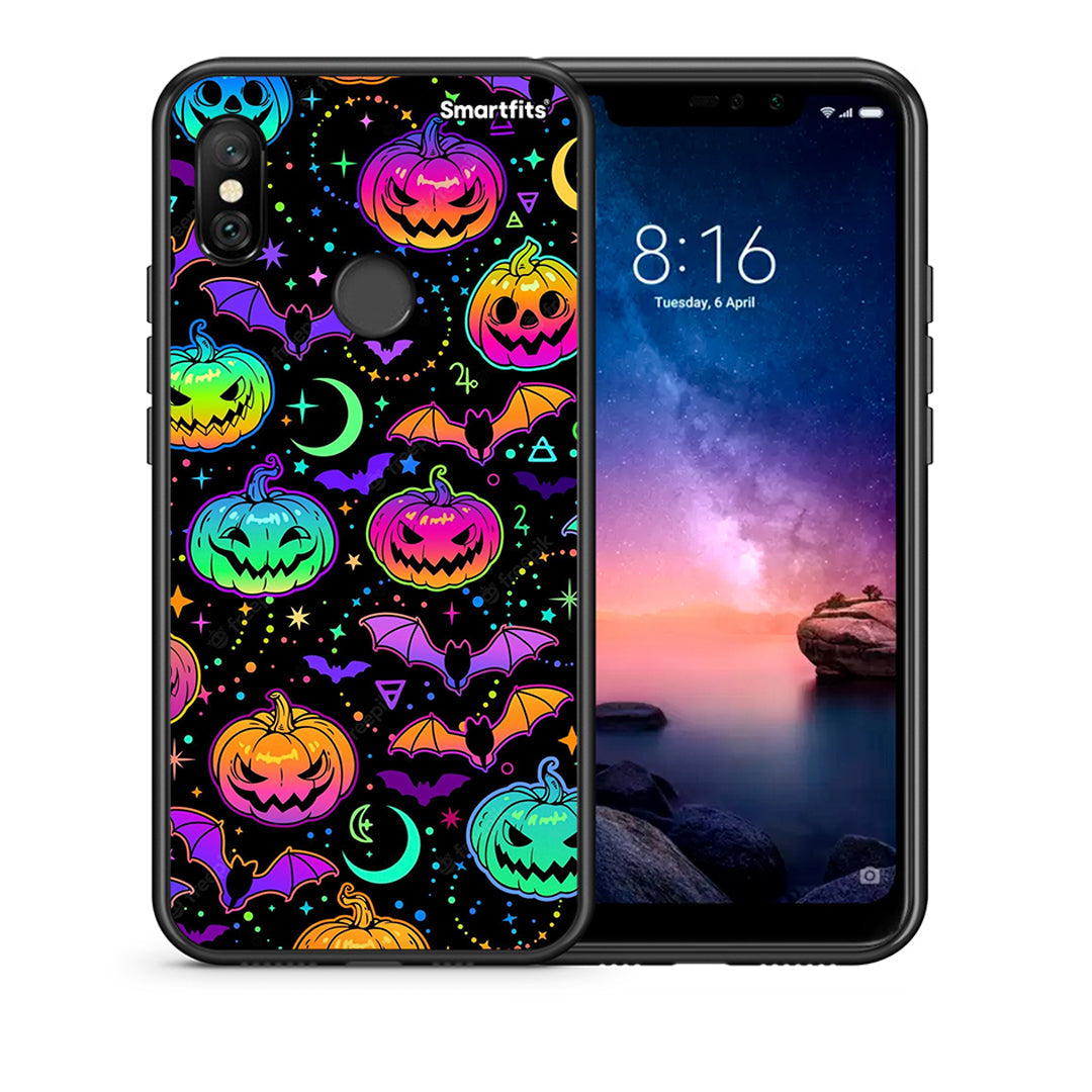 Θήκη Xiaomi Redmi Note 6 Pro Neon Halloween από τη Smartfits με σχέδιο στο πίσω μέρος και μαύρο περίβλημα | Xiaomi Redmi Note 6 Pro Neon Halloween case with colorful back and black bezels
