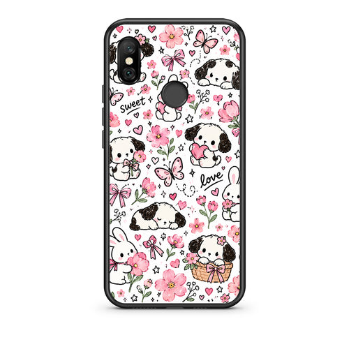 Θήκη Xiaomi Redmi Note 6 Pro Pink Florals Puppies and Bunnies on White από τη Smartfits με σχέδιο στο πίσω μέρος και μαύρο περίβλημα | Xiaomi Redmi Note 6 Pro Pink Florals Puppies and Bunnies on White case with colorful back and black bezels