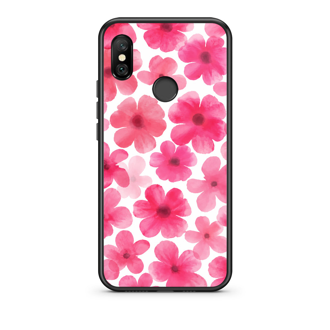 Θήκη Xiaomi Redmi Note 6 Pro Pink Watercolour Flowers on White από τη Smartfits με σχέδιο στο πίσω μέρος και μαύρο περίβλημα | Xiaomi Redmi Note 6 Pro Pink Watercolour Flowers on White case with colorful back and black bezels