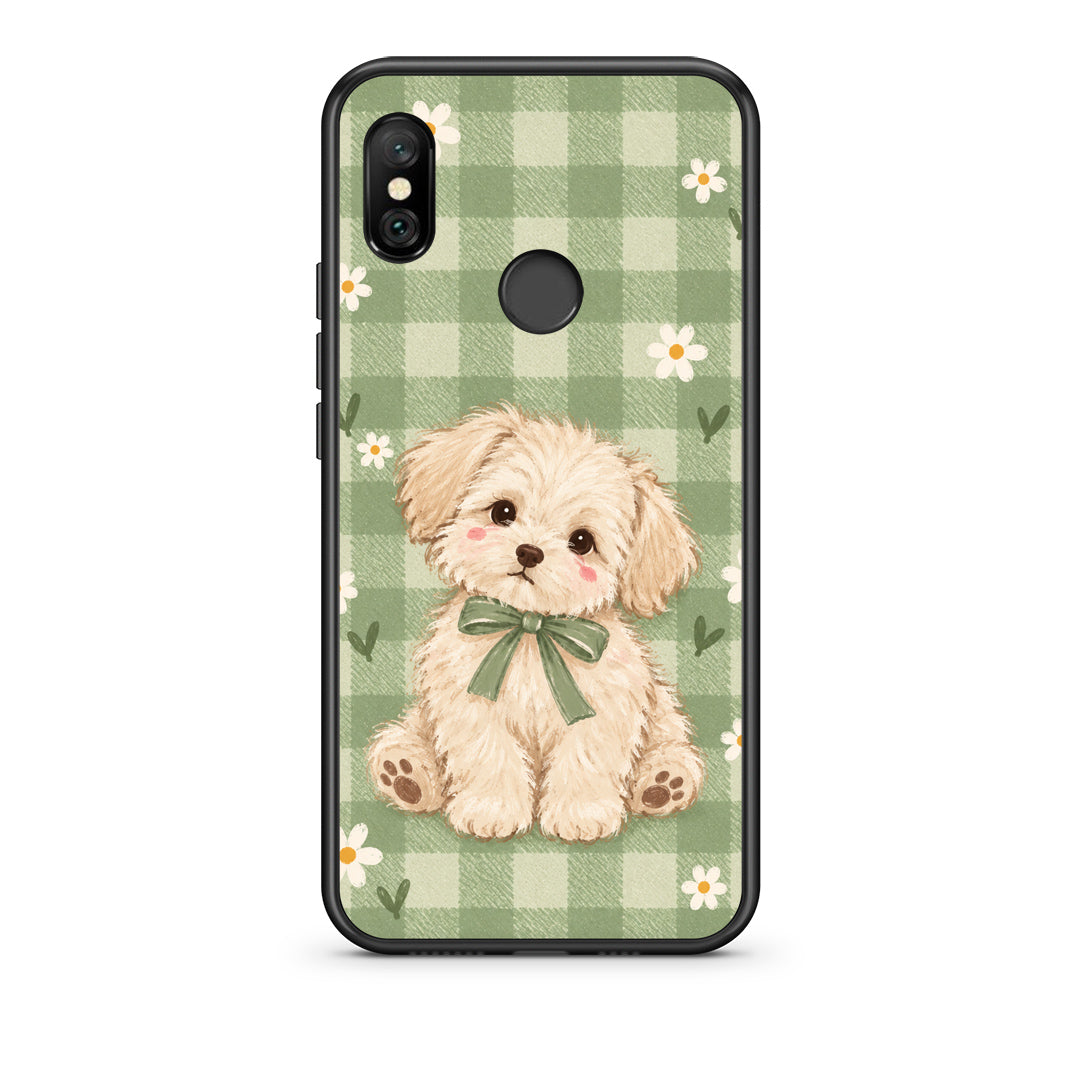 Θήκη Xiaomi Redmi Note 6 Pro Puppy and Daisies on Sage Gingham από τη Smartfits με σχέδιο στο πίσω μέρος και μαύρο περίβλημα | Xiaomi Redmi Note 6 Pro Puppy and Daisies on Sage Gingham case with colorful back and black bezels