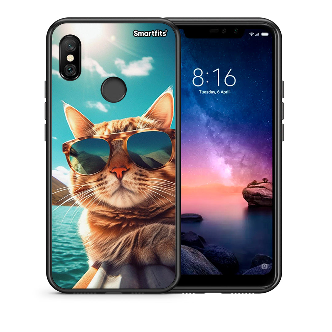 Θήκη Xiaomi Redmi Note 6 Pro Summer Cat από τη Smartfits με σχέδιο στο πίσω μέρος και μαύρο περίβλημα | Xiaomi Redmi Note 6 Pro Summer Cat case with colorful back and black bezels