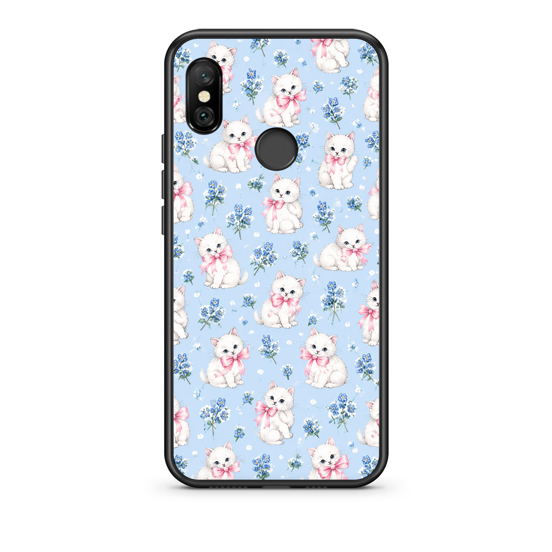 Θήκη Xiaomi Redmi Note 6 Pro White Kittens and Blue Flowers Small από τη Smartfits με σχέδιο στο πίσω μέρος και μαύρο περίβλημα | Xiaomi Redmi Note 6 Pro White Kittens and Blue Flowers Small case with colorful back and black bezels