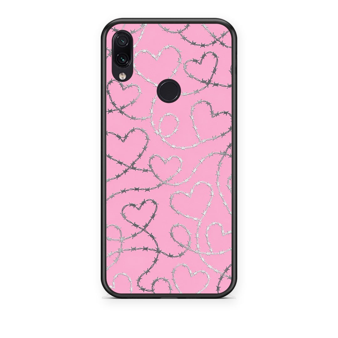 Θήκη Xiaomi Redmi Note 7 Barbed Wire Hearts on Pink από τη Smartfits με σχέδιο στο πίσω μέρος και μαύρο περίβλημα | Xiaomi Redmi Note 7 Barbed Wire Hearts on Pink case with colorful back and black bezels