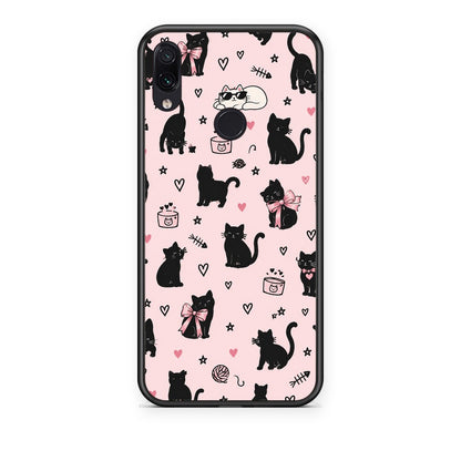 Θήκη Xiaomi Redmi Note 7 Black Cat Doodles on Pink από τη Smartfits με σχέδιο στο πίσω μέρος και μαύρο περίβλημα | Xiaomi Redmi Note 7 Black Cat Doodles on Pink case with colorful back and black bezels