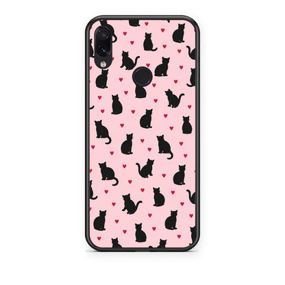 Θήκη Xiaomi Redmi Note 7 Black Cat Silhouettes and Hearts on Pink από τη Smartfits με σχέδιο στο πίσω μέρος και μαύρο περίβλημα | Xiaomi Redmi Note 7 Black Cat Silhouettes and Hearts on Pink case with colorful back and black bezels