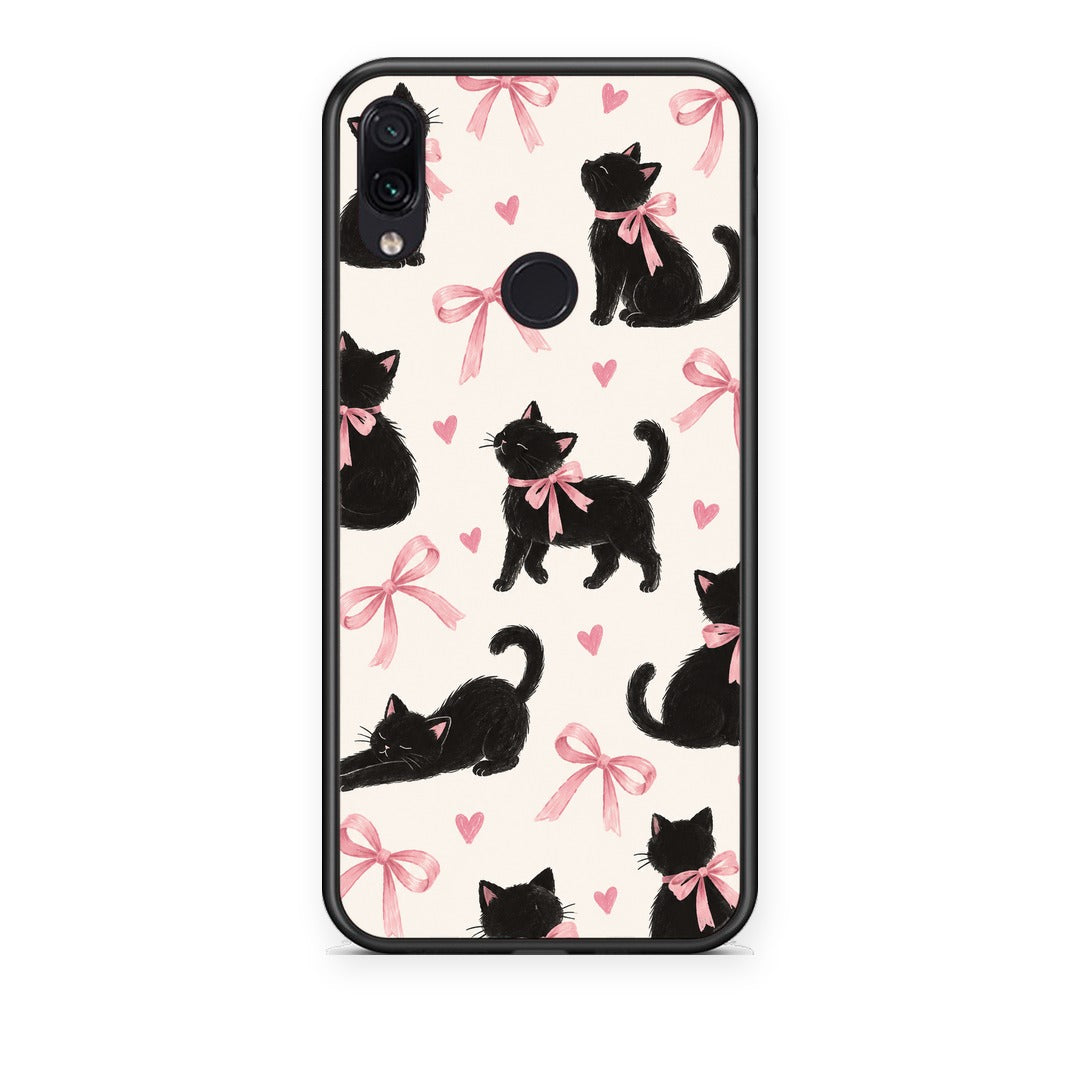 Θήκη Xiaomi Redmi Note 7 Black Kittens and Pink Bows on Cream Large από τη Smartfits με σχέδιο στο πίσω μέρος και μαύρο περίβλημα | Xiaomi Redmi Note 7 Black Kittens and Pink Bows on Cream Large case with colorful back and black bezels