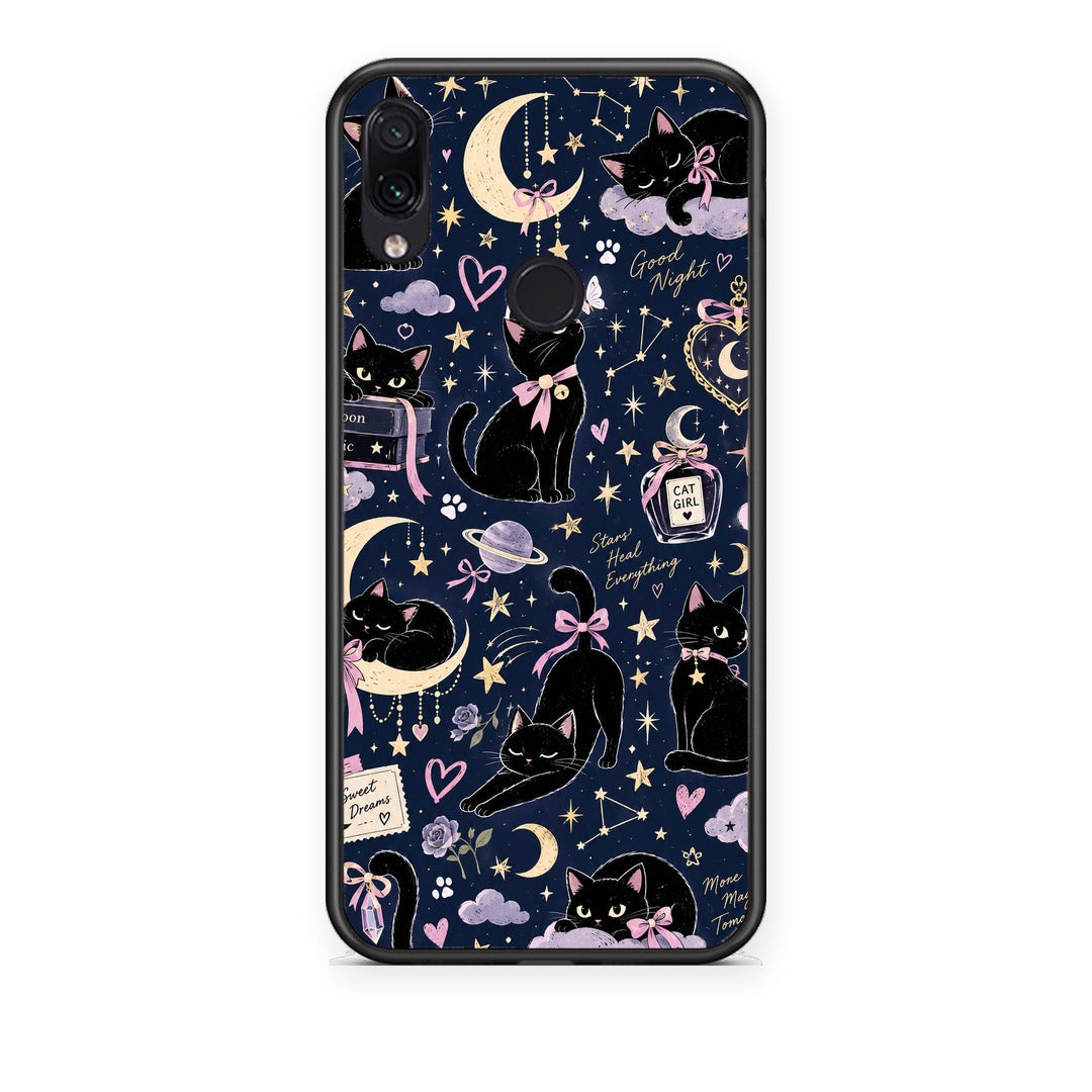 Θήκη Xiaomi Redmi Note 7 Celestial Black Cats on Navy από τη Smartfits με σχέδιο στο πίσω μέρος και μαύρο περίβλημα | Xiaomi Redmi Note 7 Celestial Black Cats on Navy case with colorful back and black bezels