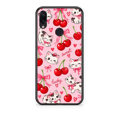 Θήκη Xiaomi Redmi Note 7 Cherries Bows and Kittens on Pink από τη Smartfits με σχέδιο στο πίσω μέρος και μαύρο περίβλημα | Xiaomi Redmi Note 7 Cherries Bows and Kittens on Pink case with colorful back and black bezels